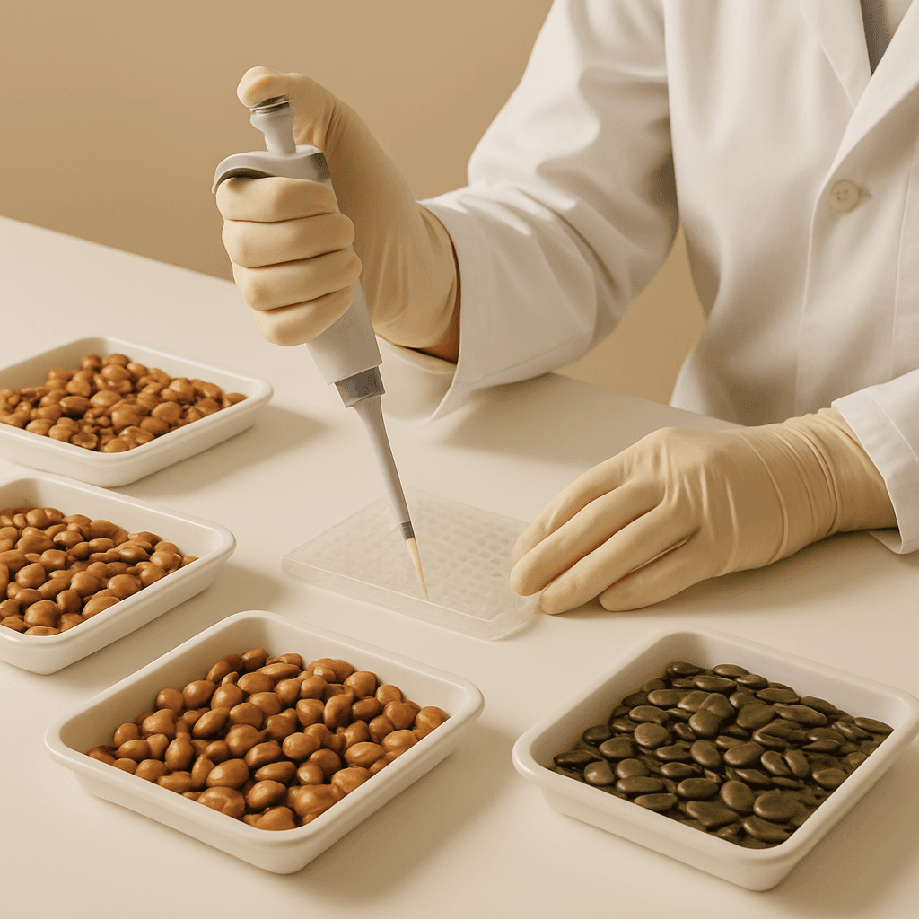 Bundles of dark cured vanilla beans being measured and sorted by length