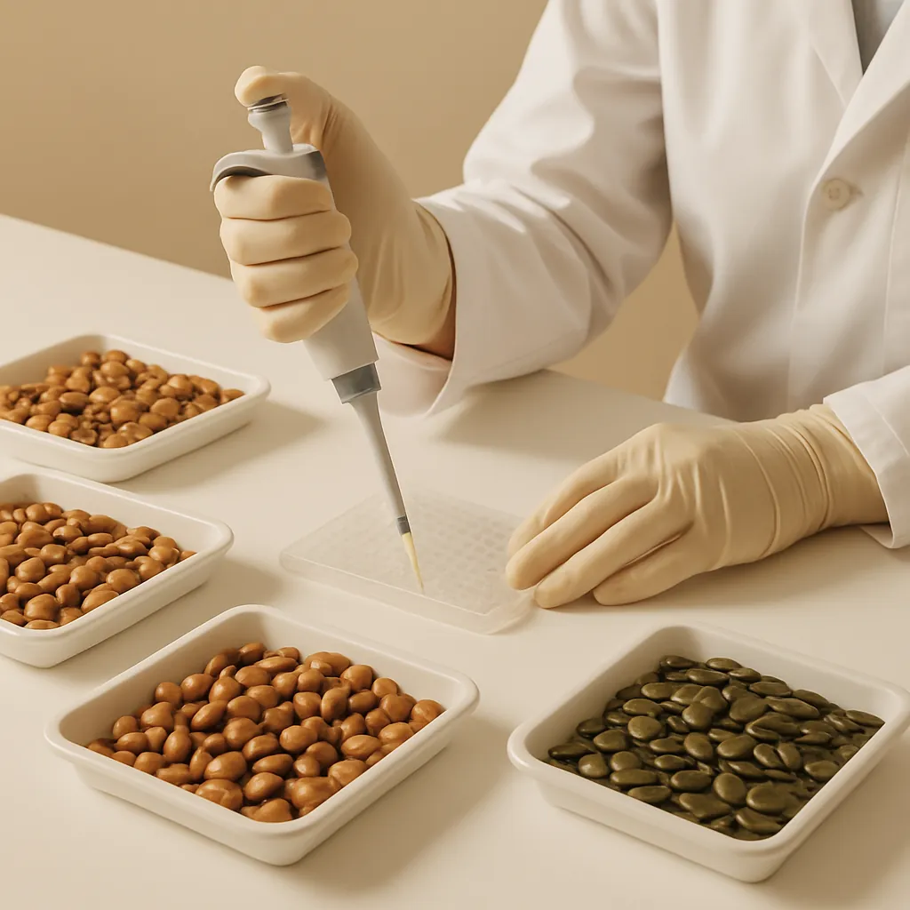 A technician checking honey samples on a laboratory bench with a refractometer