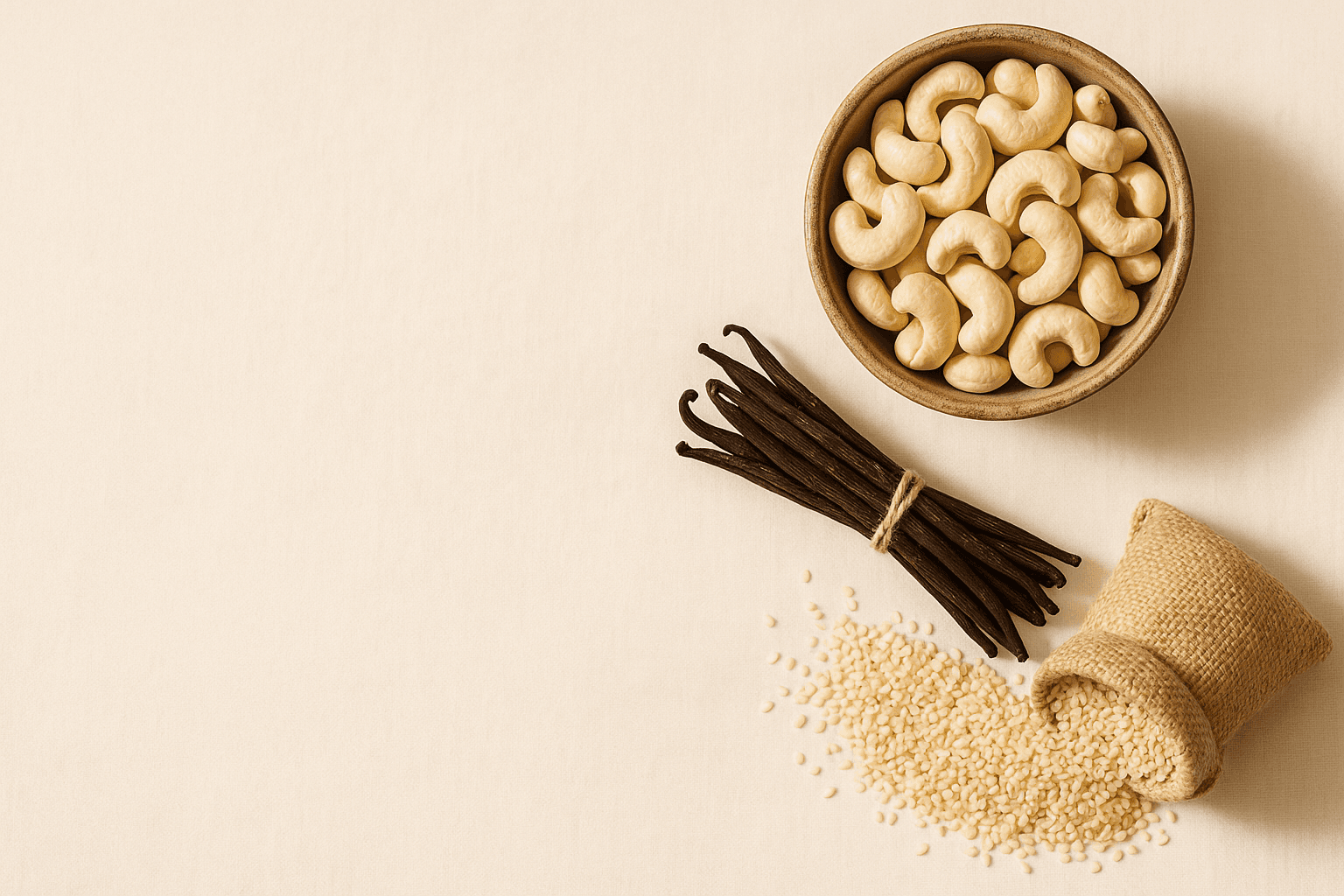 A spread of cashew kernels, cured vanilla beans and white sesame seeds from East Africa