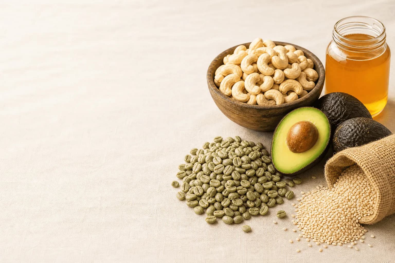 A spread of Tanzanian cashew kernels, green coffee beans, Hass avocados, sesame seeds and a jar of raw honey