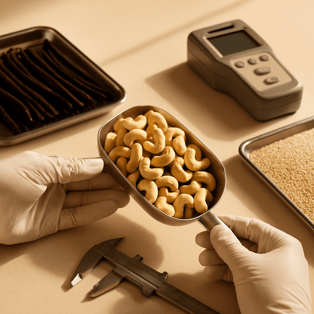 Cashew kernels, vanilla beans and sesame seeds laid out for quality inspection
