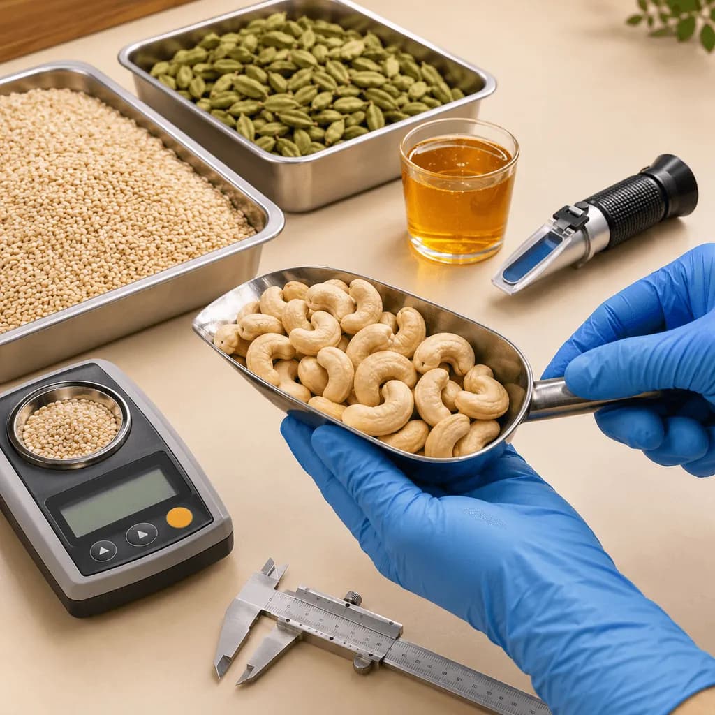 Cashew kernels, sesame seeds, green coffee, cardamom pods and a honey sample laid out for quality inspection