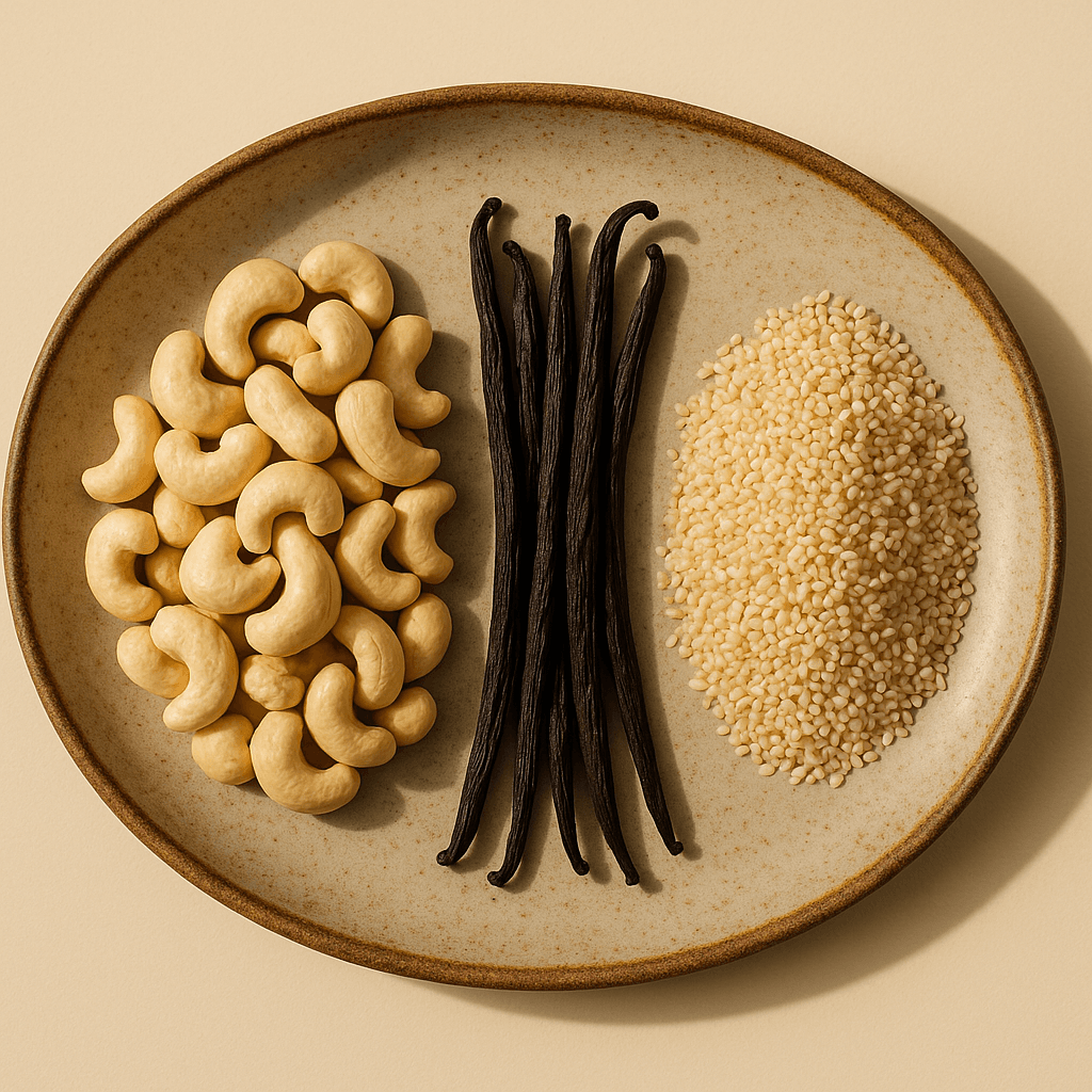 A calendar-style arrangement of cashews, vanilla pods and sesame marking harvest seasons