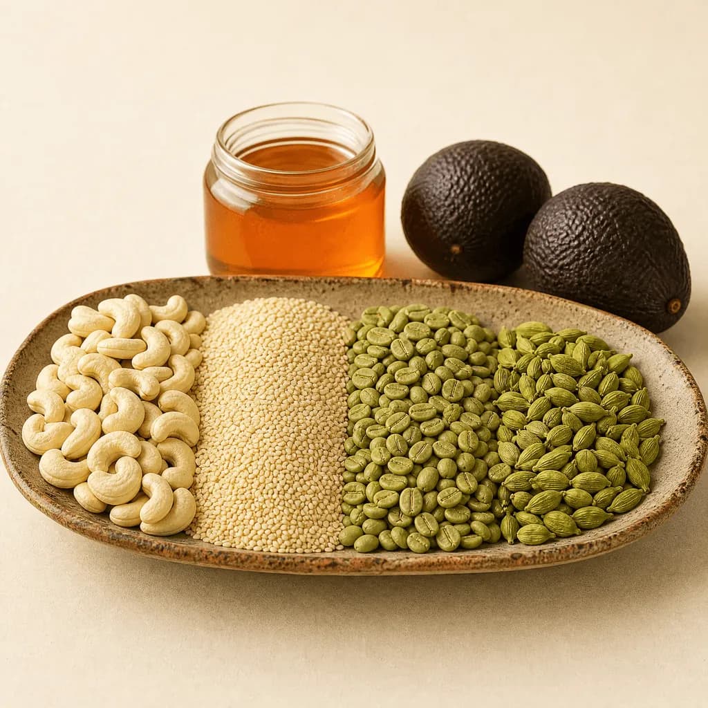 A calendar-style arrangement of cashews, sesame, green coffee, cardamom, avocados and honey marking harvest seasons
